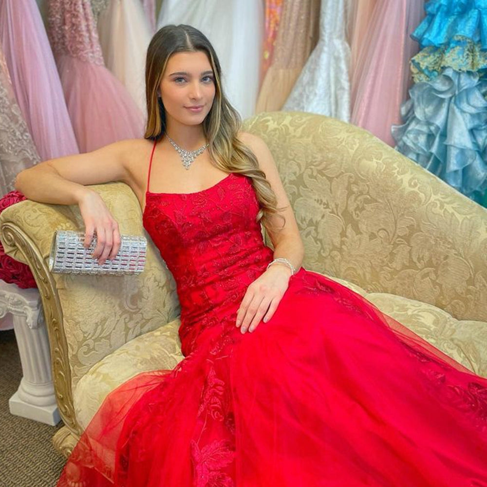 
                      
                        Mermaid Backless Red Lace Long Prom Dresses, Mermaid Red Formal Dresses, Red Lace Evening Dresses 
                      
                    