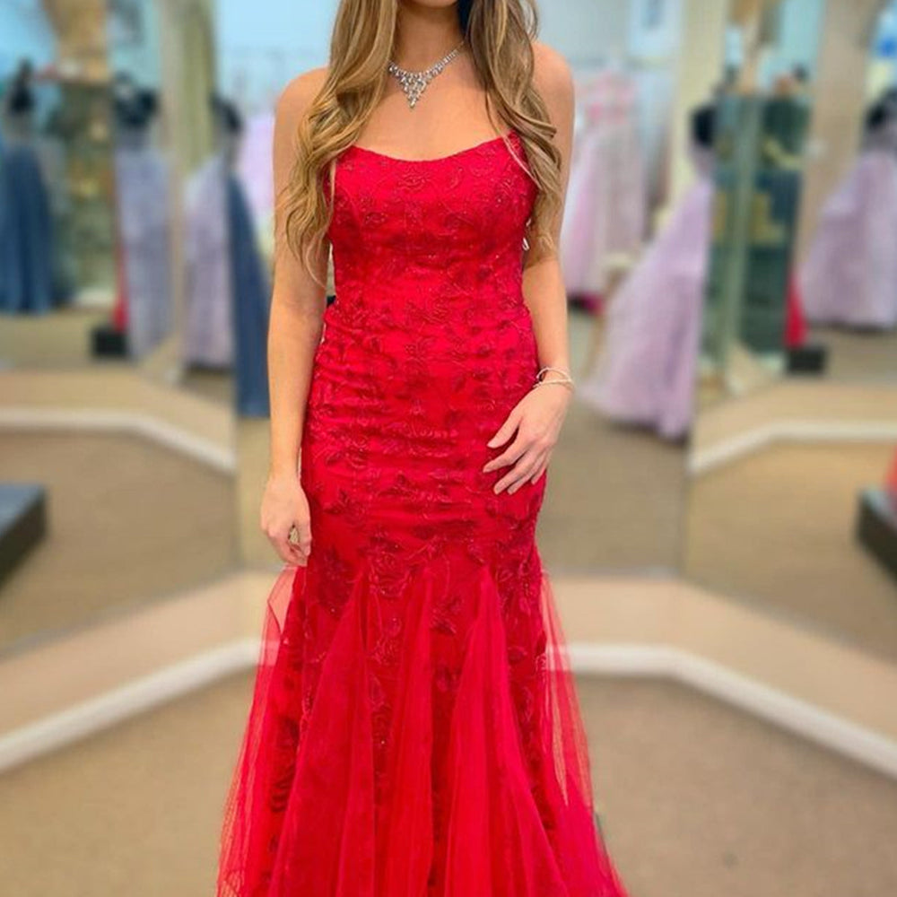 
                      
                        Mermaid Backless Red Lace Long Prom Dresses, Mermaid Red Formal Dresses, Red Lace Evening Dresses 
                      
                    