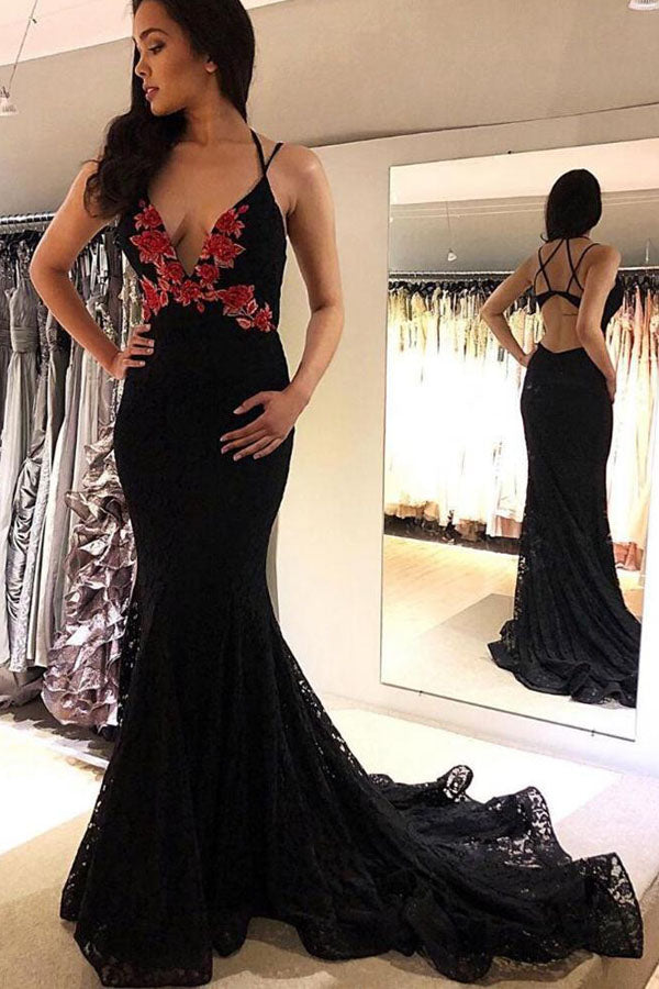 
                      
                        Mermaid Black Lace Deep V-neck Embrodiery Flower Prom Dress
                      
                    