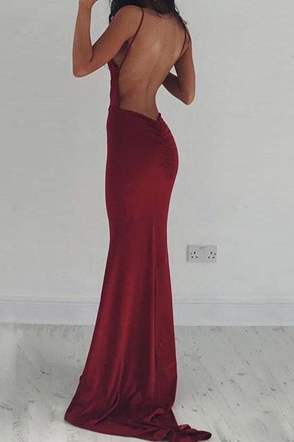 
                      
                        Mermaid Burgundy Satin Backless Long Prom Dress Evening Dress
                      
                    