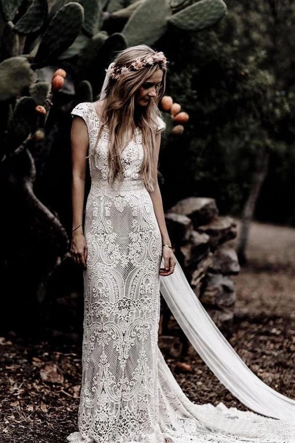 Mermaid Cap Sleeve Rustic Lace Wedding Dress Long Bridal Gown