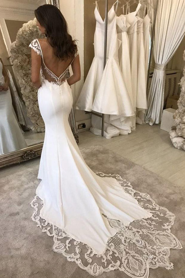 
                      
                        Mermaid Cap Sleeve Satin Wedding Dress With Lace Appliques
                      
                    