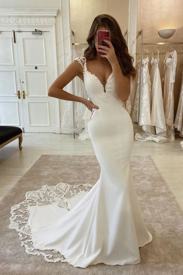 Mermaid Cap Sleeve Satin Wedding Dress With Lace Appliques