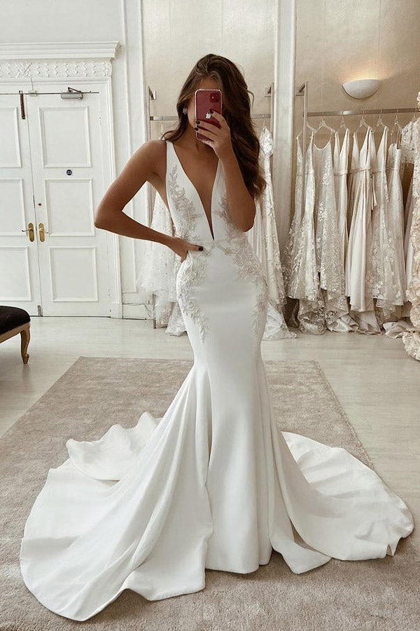 Mermaid Deep V Neck Satin Wedding Dress With Appliques