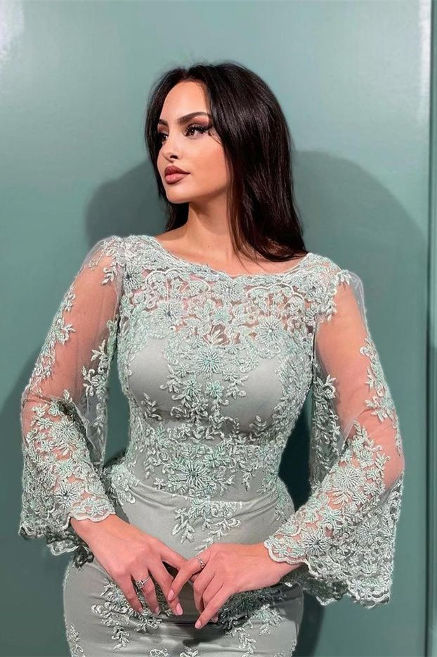 
                      
                        Mermaid Evening Dress with Lace Appliques and Long Sleeves
                      
                    