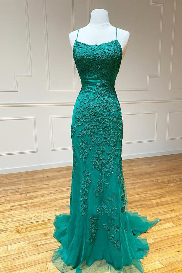 Mermaid Green Lace Long Prom Dress Backless Evening Dress