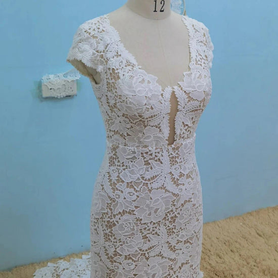 Mermaid Ivory Lace Wedding Dress Cap Sleeve Birdal Dress