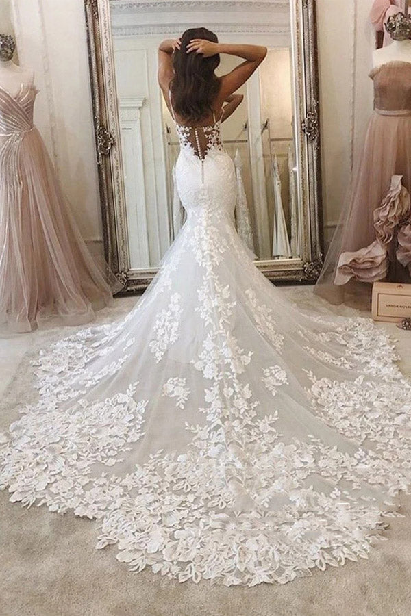 
                      
                        Mermaid Lace Appliques Wedding Dress Spaghetti Straps Bridal Gown
                      
                    