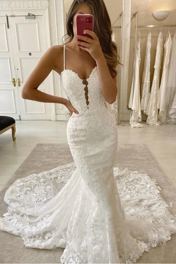 Mermaid Lace Appliques Wedding Dress Spaghetti Straps Bridal Gown