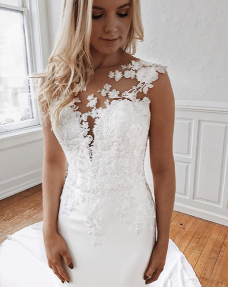 
                      
                        Mermaid Lace Appliques White Wedding Dresses with Train, Mermaid White Lace Prom Dresses, White Lace Formal Evening Dresses
                      
                    