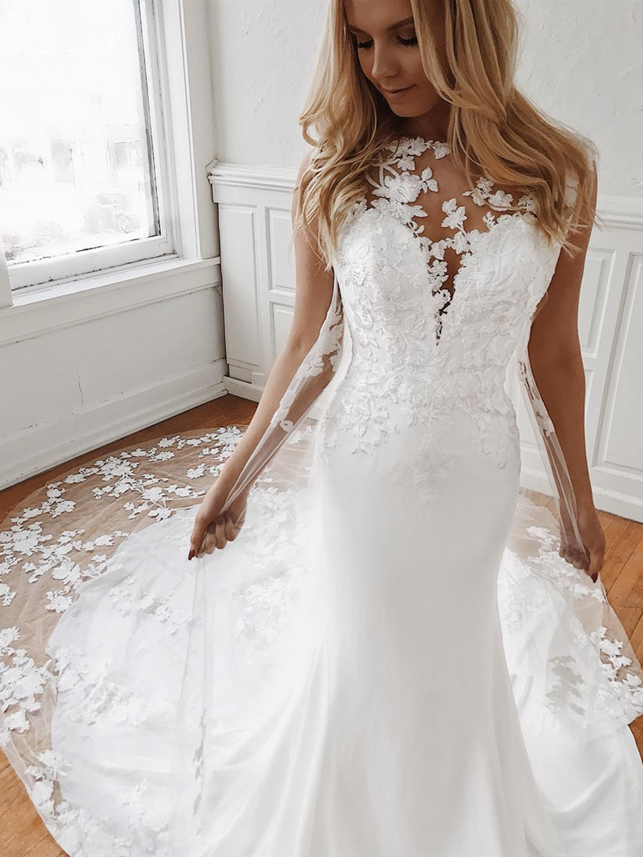 Mermaid Lace Appliques White Wedding Dresses with Train, Mermaid White Lace Prom Dresses, White Lace Formal Evening Dresses