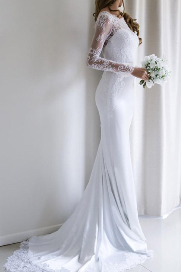 Mermaid Long Sleeve White Lace Wedding Dress Elegant Bridal Gown