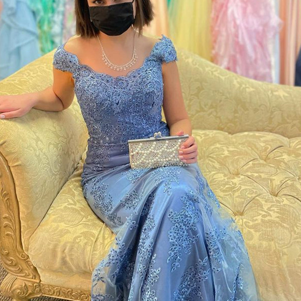 
                      
                        Mermaid Off Shoulder Beaded Blue Lace Long Prom Dresses, Mermaid Blue Formal Dresses, Blue Lace Evening Dresses 
                      
                    