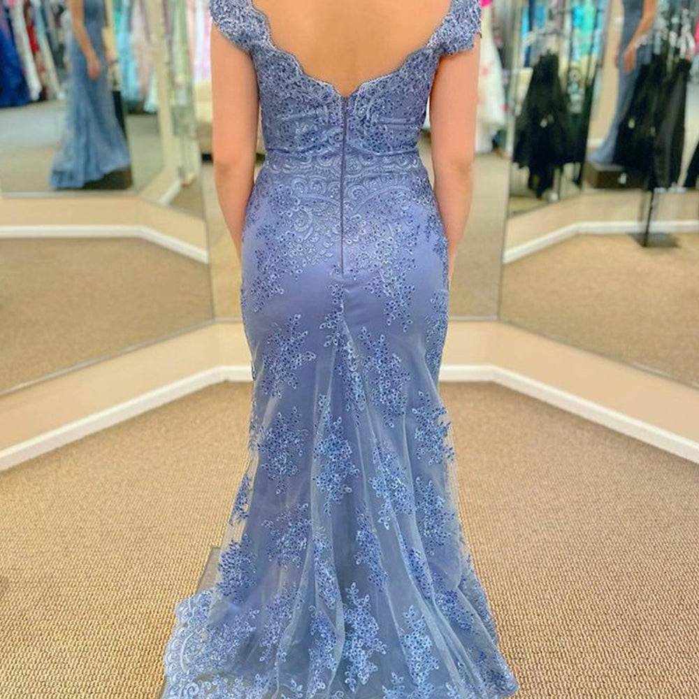 
                      
                        Mermaid Off Shoulder Beaded Blue Lace Long Prom Dresses, Mermaid Blue Formal Dresses, Blue Lace Evening Dresses 
                      
                    