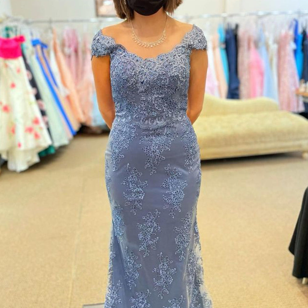 Mermaid Off Shoulder Beaded Blue Lace Long Prom Dresses, Mermaid Blue Formal Dresses, Blue Lace Evening Dresses 