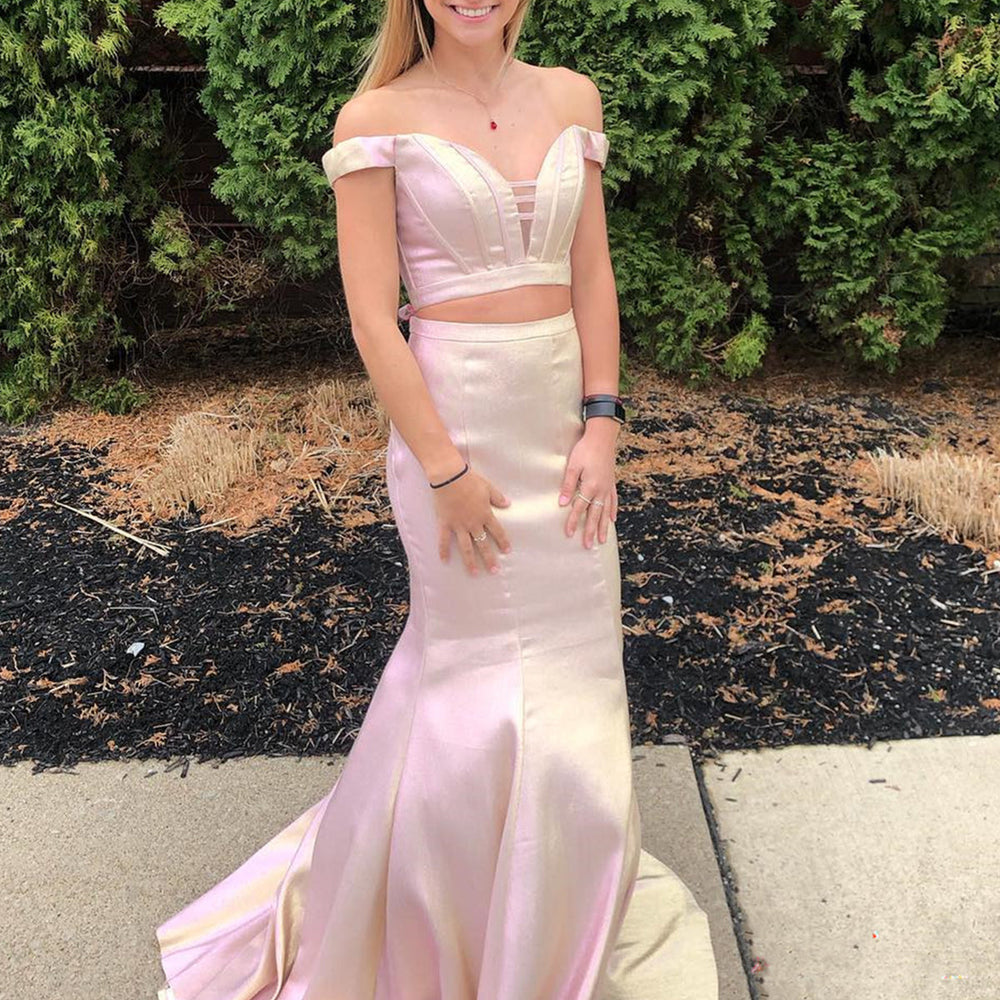 
                      
                        Mermaid Off Shoulder Two Pieces Pink Long Prom Dresses, Mermaid Pink Formal Dresses, 2 Piece Pink Evening Dress 
                      
                    