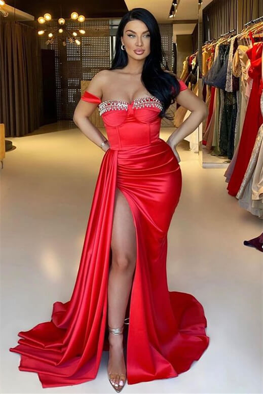 Mermaid Off-The-Shoulder Beadings Sweetheart Evening Dress Long With Ruffles in Red Split