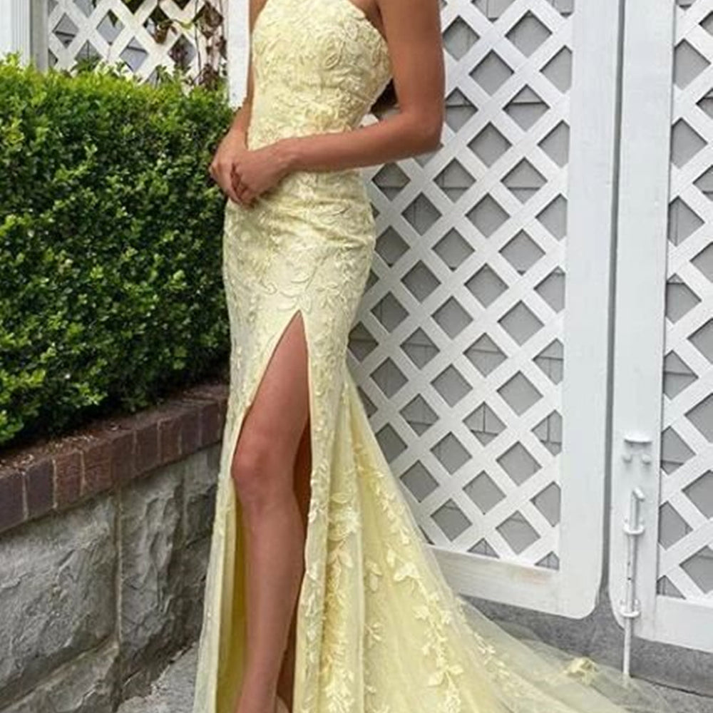 Mermaid One Shoulder Yellow Lace Long Prom Dresses with High Slit, Mermaid Yellow Formal Dresses, Yellow Lace Evening Dresses 