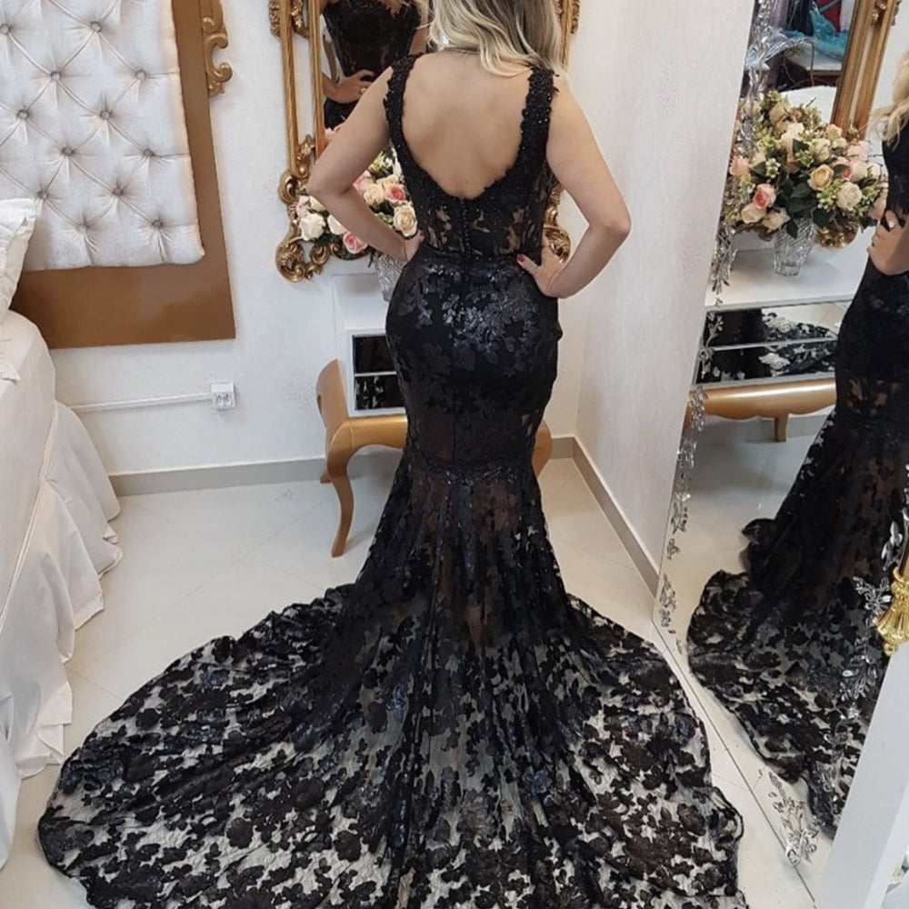 
                      
                        Mermaid Open Back Black Lace Long Prom Dresses, Mermaid Black Formal Dresses, Black Lace Evening Dresses 
                      
                    