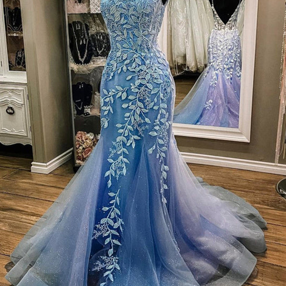 Mermaid Open Back Blue Lace Long Prom Dresses, Mermaid Blue Formal Dresses, Blue Lace Evening Dresses 