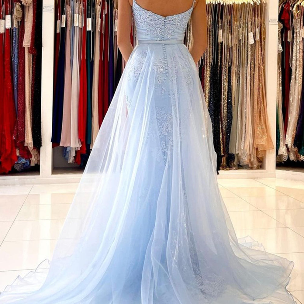 
                      
                        Mermaid Open Back Light Blue Lace Long Prom Wedding Dresses, Mermaid Blue Formal Dresses, Blue Lace Evening Dresses EP2064
                      
                    