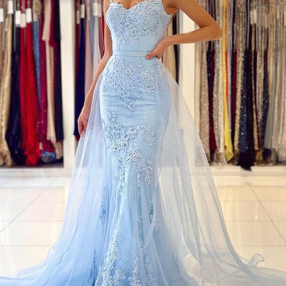 
                      
                        Mermaid Open Back Light Blue Lace Long Prom Wedding Dresses, Mermaid Blue Formal Dresses, Blue Lace Evening Dresses EP2064
                      
                    