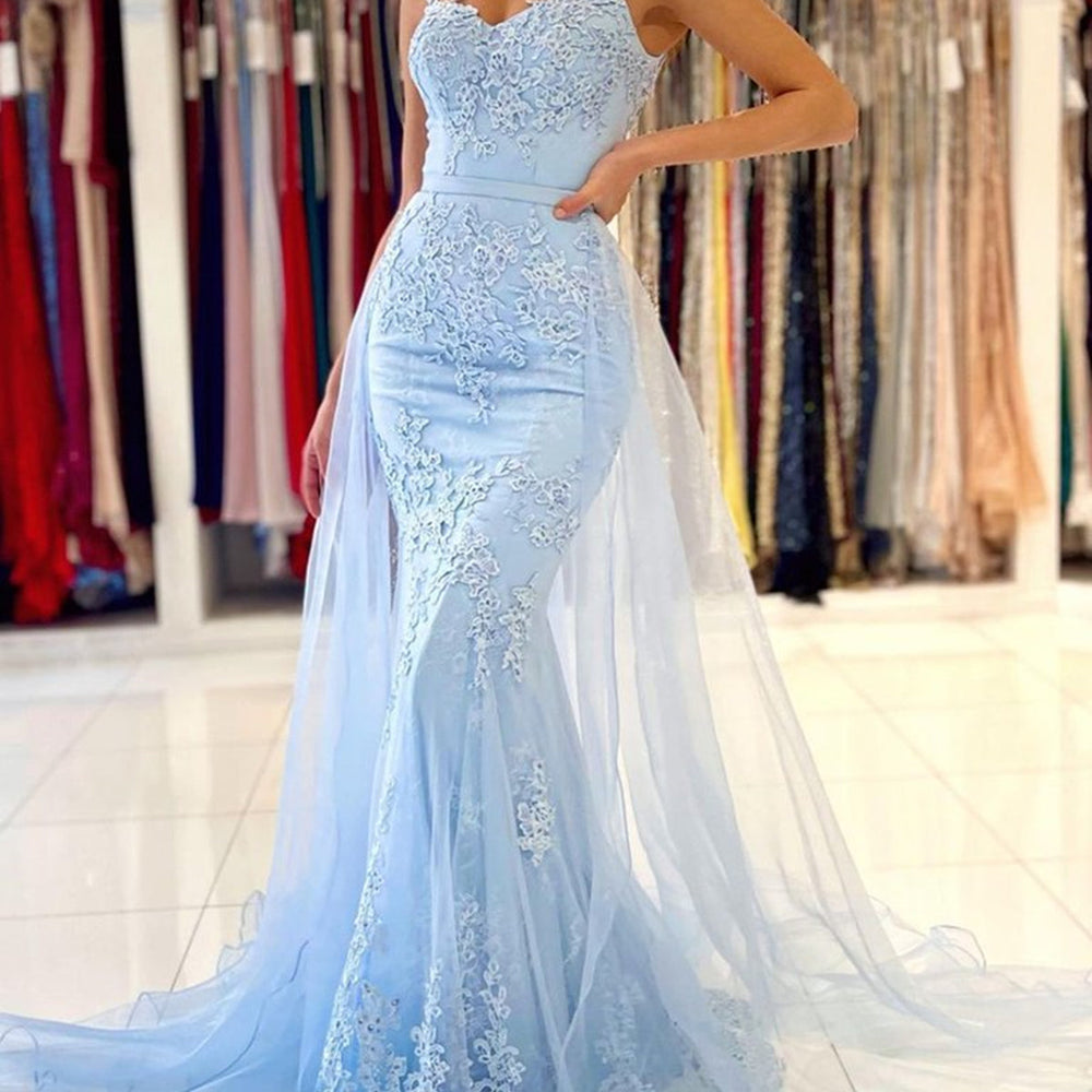 Mermaid Open Back Light Blue Lace Long Prom Wedding Dresses, Mermaid Blue Formal Dresses, Blue Lace Evening Dresses EP2064