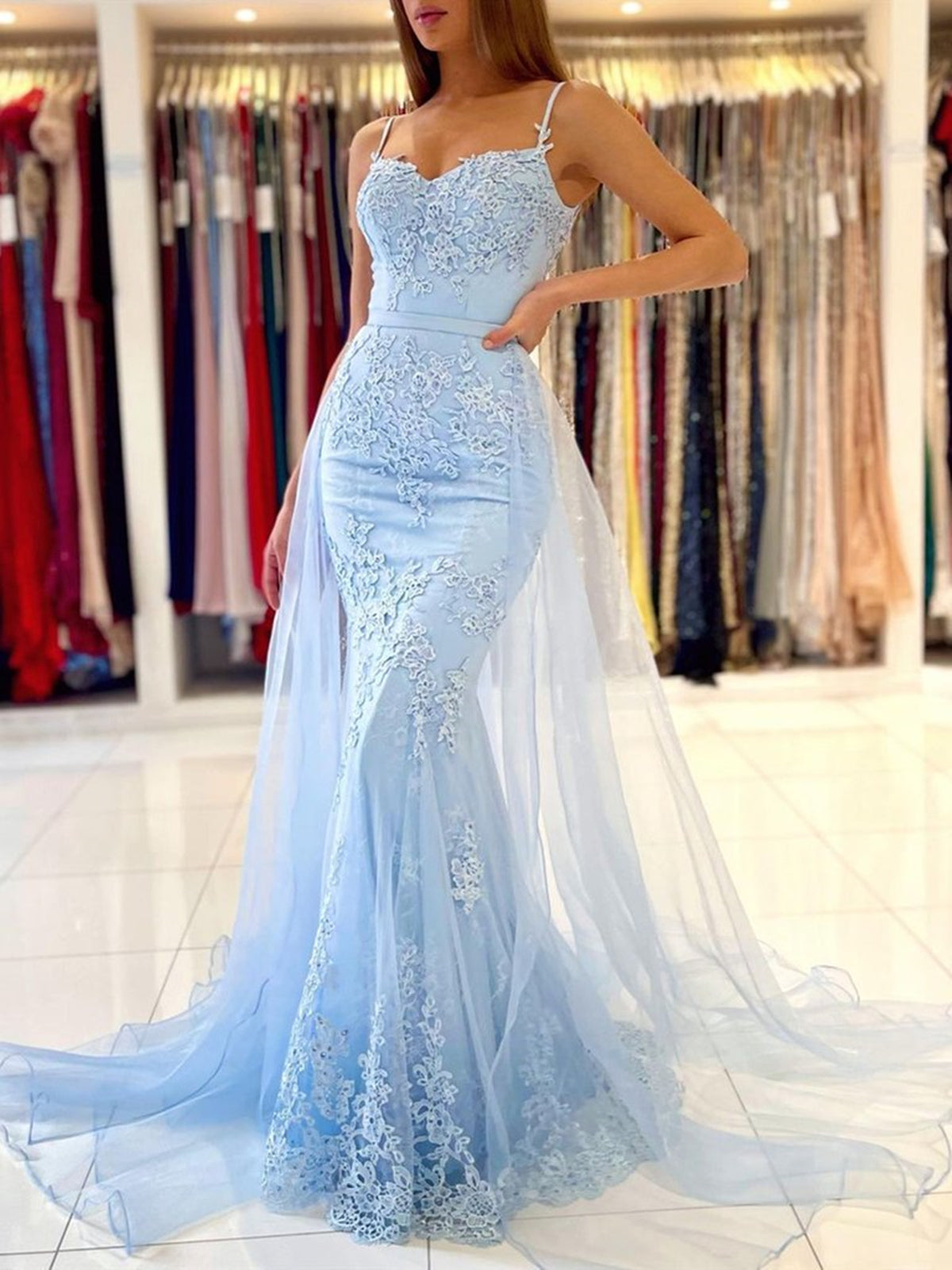 Mermaid Open Back Light Blue Lace Long Prom Wedding Dresses, Mermaid Blue Formal Dresses, Blue Lace Evening Dresses EP2064