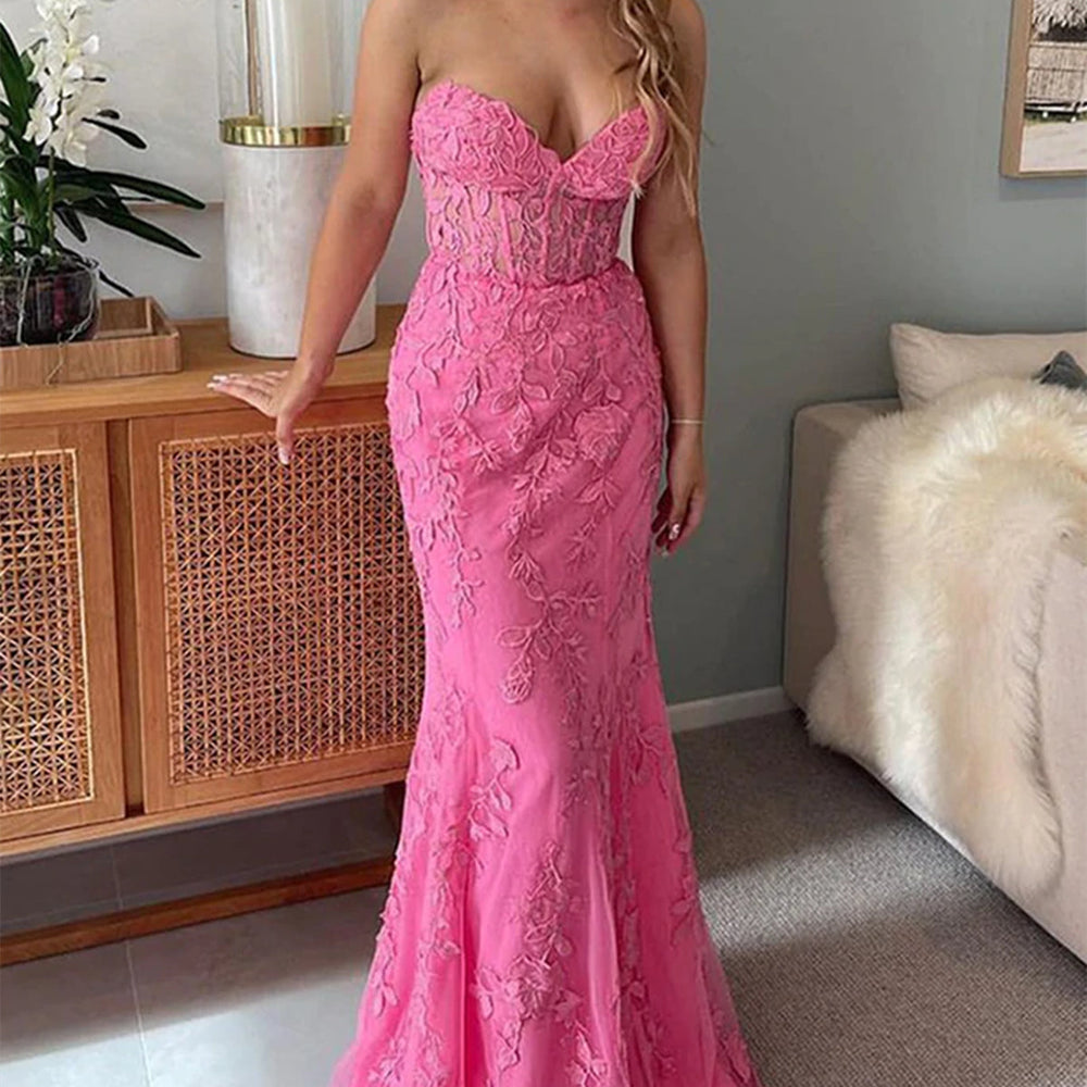 
                      
                        Mermaid Open Back Pink Lace Long Prom Dresses, Sweetheart Neck Pink Formal Dresses, Pink Lace Evening Dresses 
                      
                    