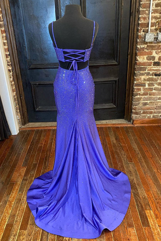 Mermaid Purple Satin Sequins Long Prom Dress With Side Slit