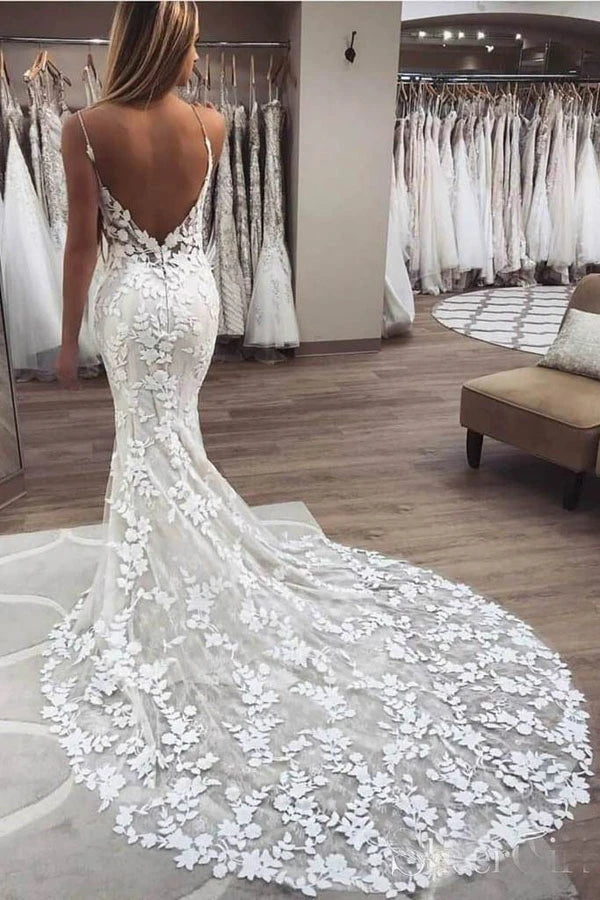 
                      
                        Mermaid Spaghetti Straps Lace Appliques Wedding Dress
                      
                    