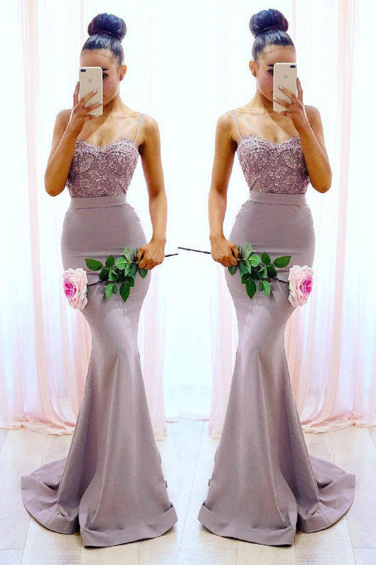 Mermaid Spaghetti Straps Satin Long Prom Dress Lace Top Evening Dress