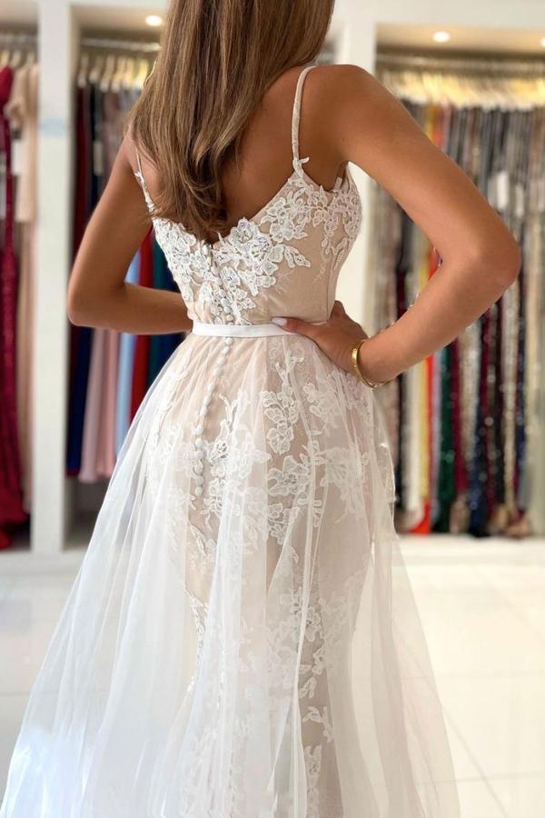 Mermaid Spaghetti Straps Tulle Prom Dress With Lace Applliques