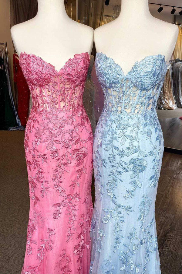 
                      
                        Mermaid Sweetheart Lace Appliqued Long Prom Dresses Strapless Evening Dresses
                      
                    