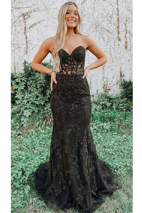 
                      
                        Mermaid Sweetheart Lace Appliqued Long Prom Dresses Strapless Evening Dresses
                      
                    