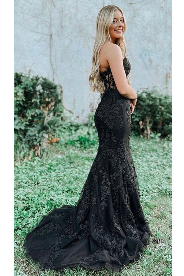 
                      
                        Mermaid Sweetheart Lace Appliqued Long Prom Dresses Strapless Evening Dresses
                      
                    