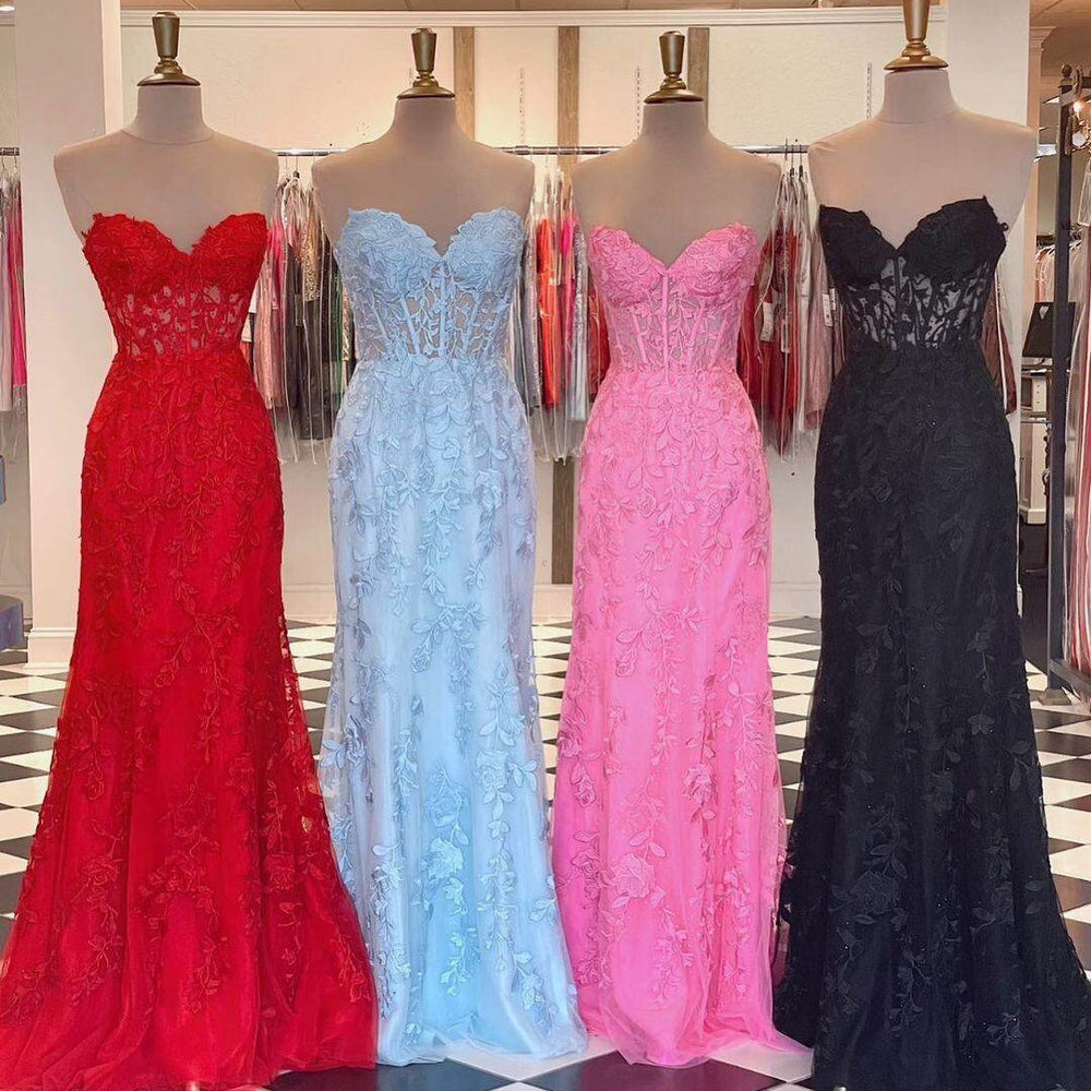 
                      
                        Mermaid Sweetheart Lace Appliqued Long Prom Dresses Strapless Evening Dresses
                      
                    