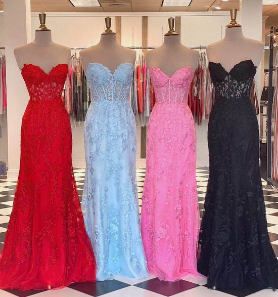 Mermaid Sweetheart Lace Appliqued Long Prom Dresses Strapless Evening Dresses