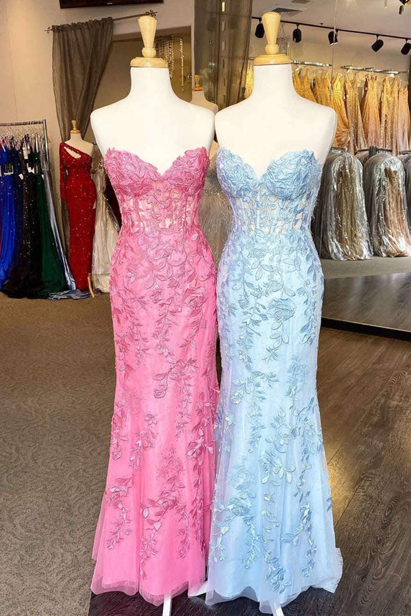 
                      
                        Mermaid Sweetheart Lace Appliqued Long Prom Dresses Strapless Evening Dresses
                      
                    