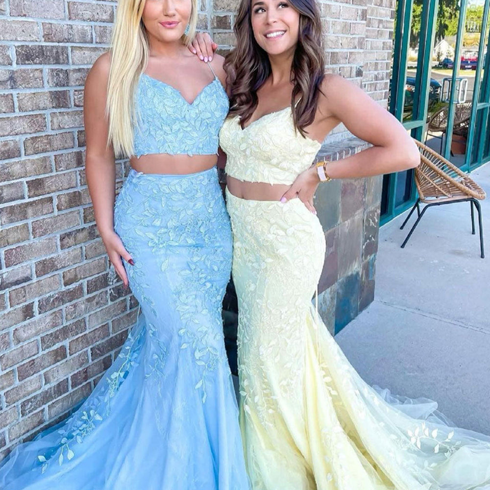 Mermaid Two Pieces Light Blue/Yellow Lace Long Prom Dresses, Mermaid Light Blue/Yellow Lace Formal Dresses, Light Blue/ Yellow Evening Dresses 