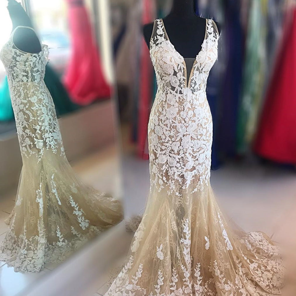 Mermaid V Neck Champagne Lace Long Prom Dresses, Mermaid Champagne Formal Dresses, Champagne Lace Evening Dresses