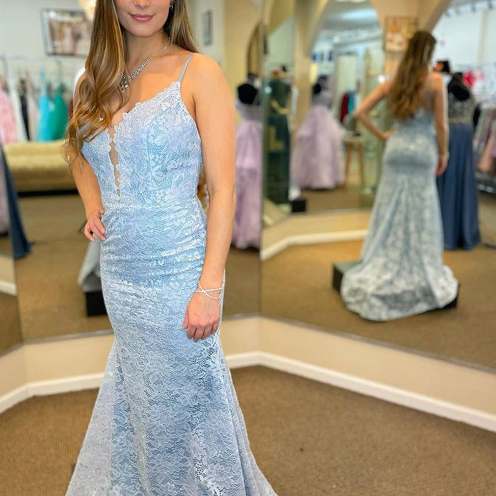 
                      
                        Mermaid V Neck Light Blue Lace Long Prom Dresses, Light Blue Lace Formal Dresses, Mermaid Light Blue Evening Dresses 
                      
                    