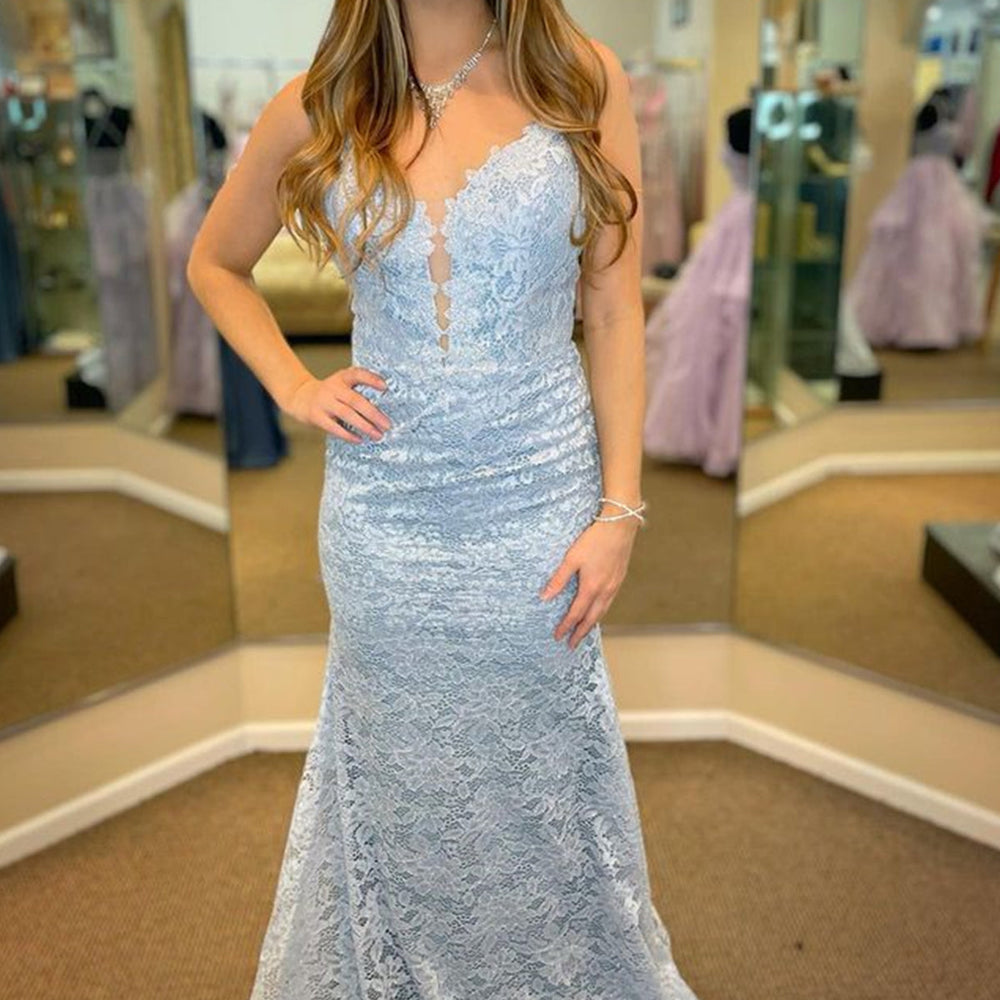 Mermaid V Neck Light Blue Lace Long Prom Dresses, Light Blue Lace Formal Dresses, Mermaid Light Blue Evening Dresses 