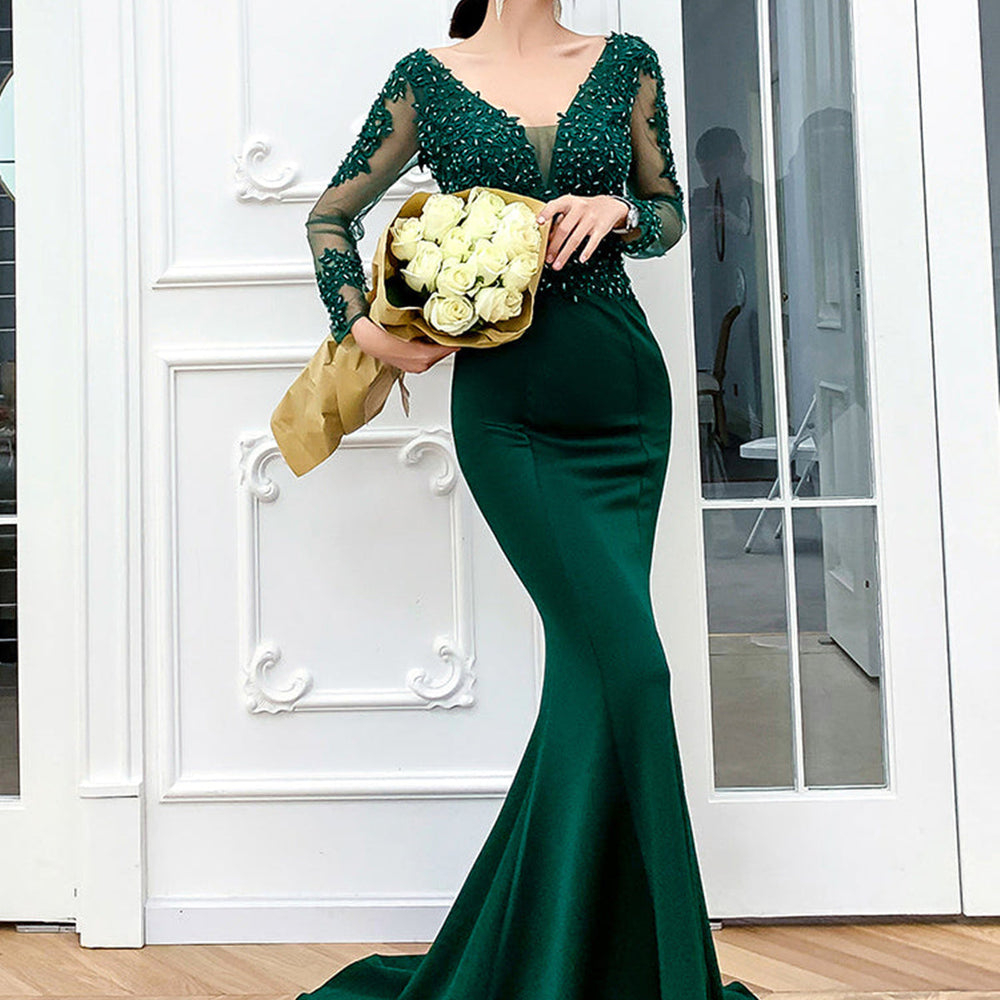 
                      
                        Mermaid V Neck Long Sleeves Beaded Green Long Prom Dresses, Mermaid Green Formal Dresses, Beaded Green Evening Dresses 
                      
                    