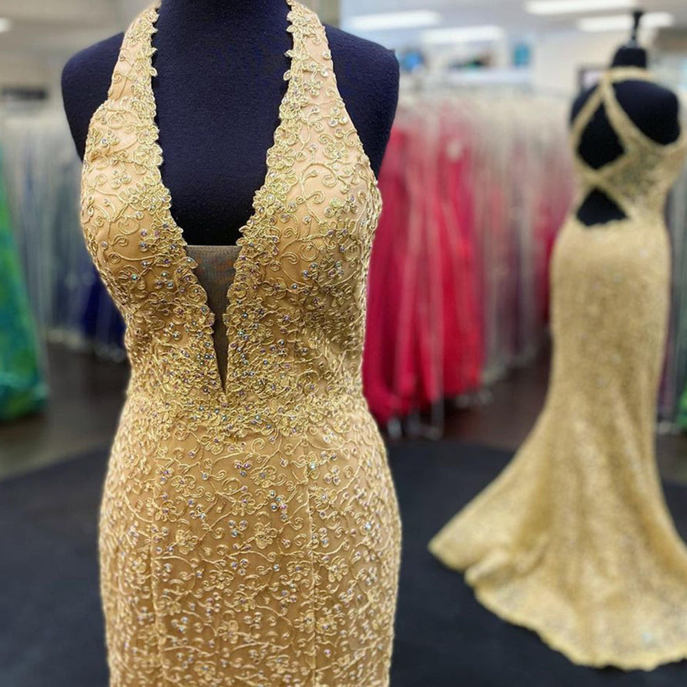 
                      
                        Mermaid V Neck Open Back Golden Lace Long Prom Dresses, Mermaid Golden Formal Dresses, Golden Lace Evening Dresses 
                      
                    