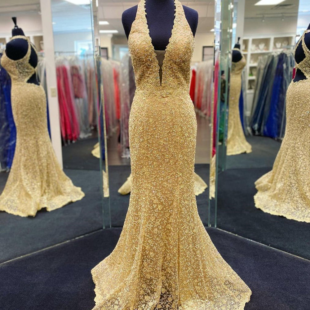 
                      
                        Mermaid V Neck Open Back Golden Lace Long Prom Dresses, Mermaid Golden Formal Dresses, Golden Lace Evening Dresses 
                      
                    