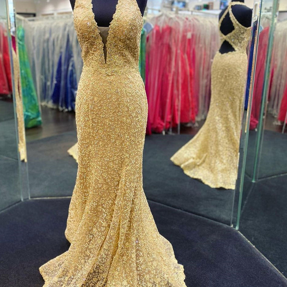 Mermaid V Neck Open Back Golden Lace Long Prom Dresses, Mermaid Golden Formal Dresses, Golden Lace Evening Dresses 