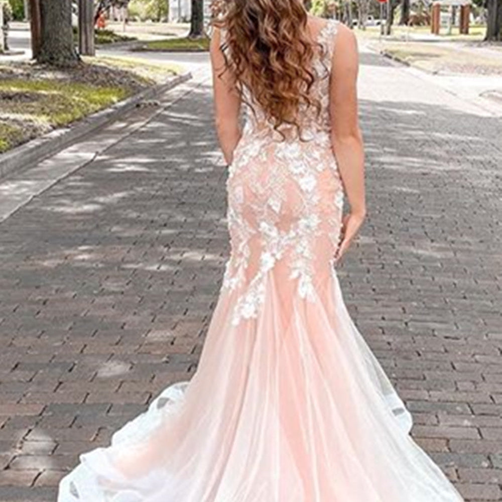 
                      
                        Mermaid V Neck Open Back Pink Lace Floral Long Prom Dresses, Mermaid Pink Lace Formal Dresses, Pink Lace Evening Dresses
                      
                    