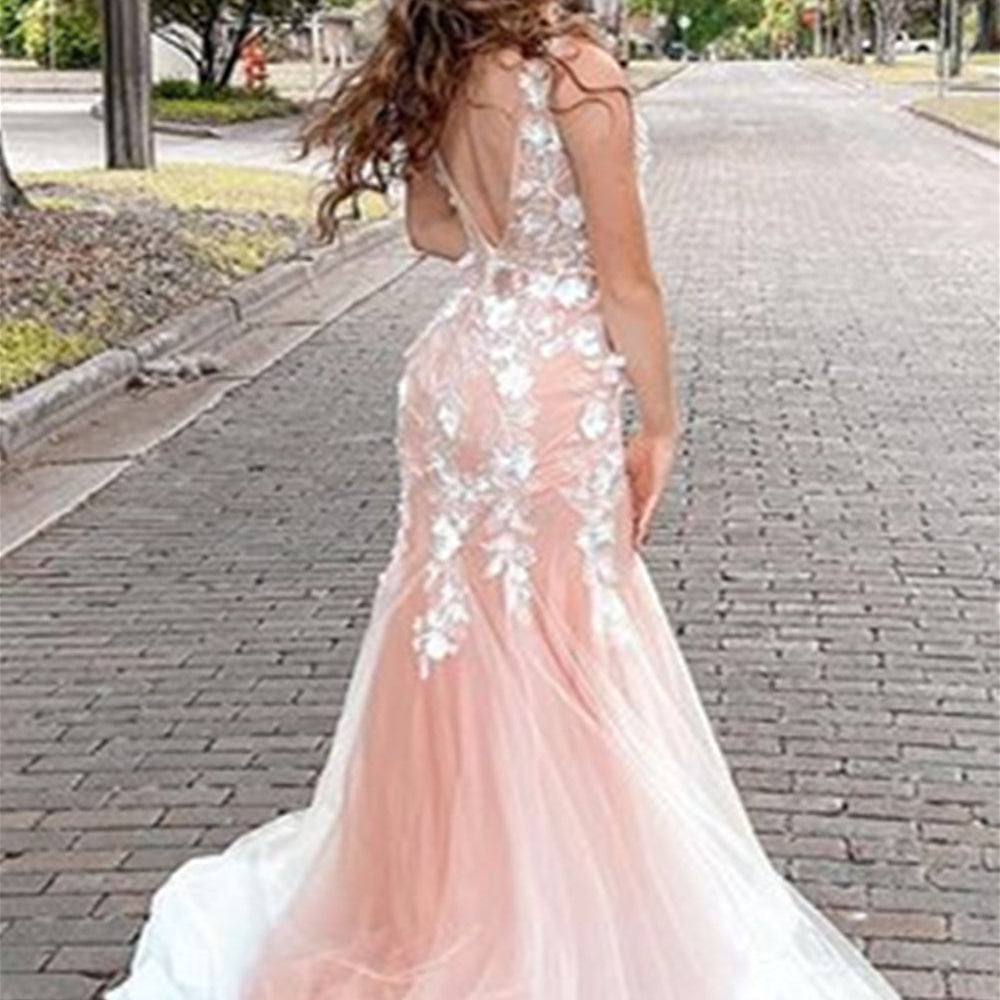 
                      
                        Mermaid V Neck Open Back Pink Lace Floral Long Prom Dresses, Mermaid Pink Lace Formal Dresses, Pink Lace Evening Dresses
                      
                    