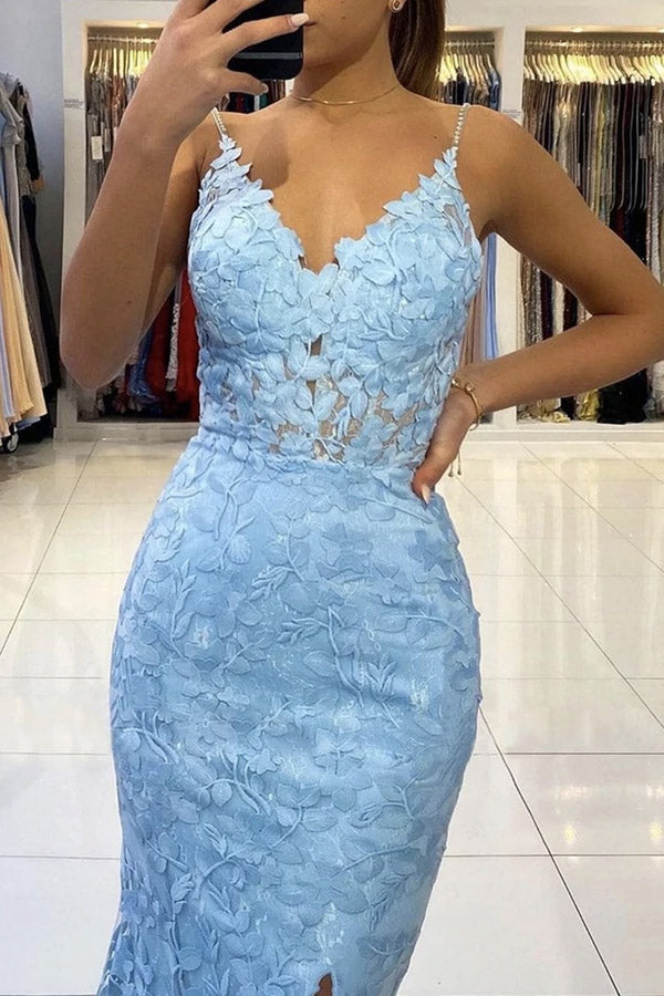 
                      
                        Mermaid V-neck Pearl Straps Lace Prom Dresses Slit Evening Dresses
                      
                    